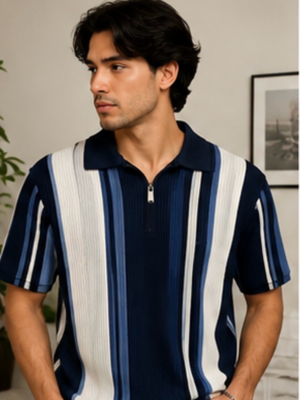 Denim & Flower Navy and White Vertical-Stripe Zip Polo